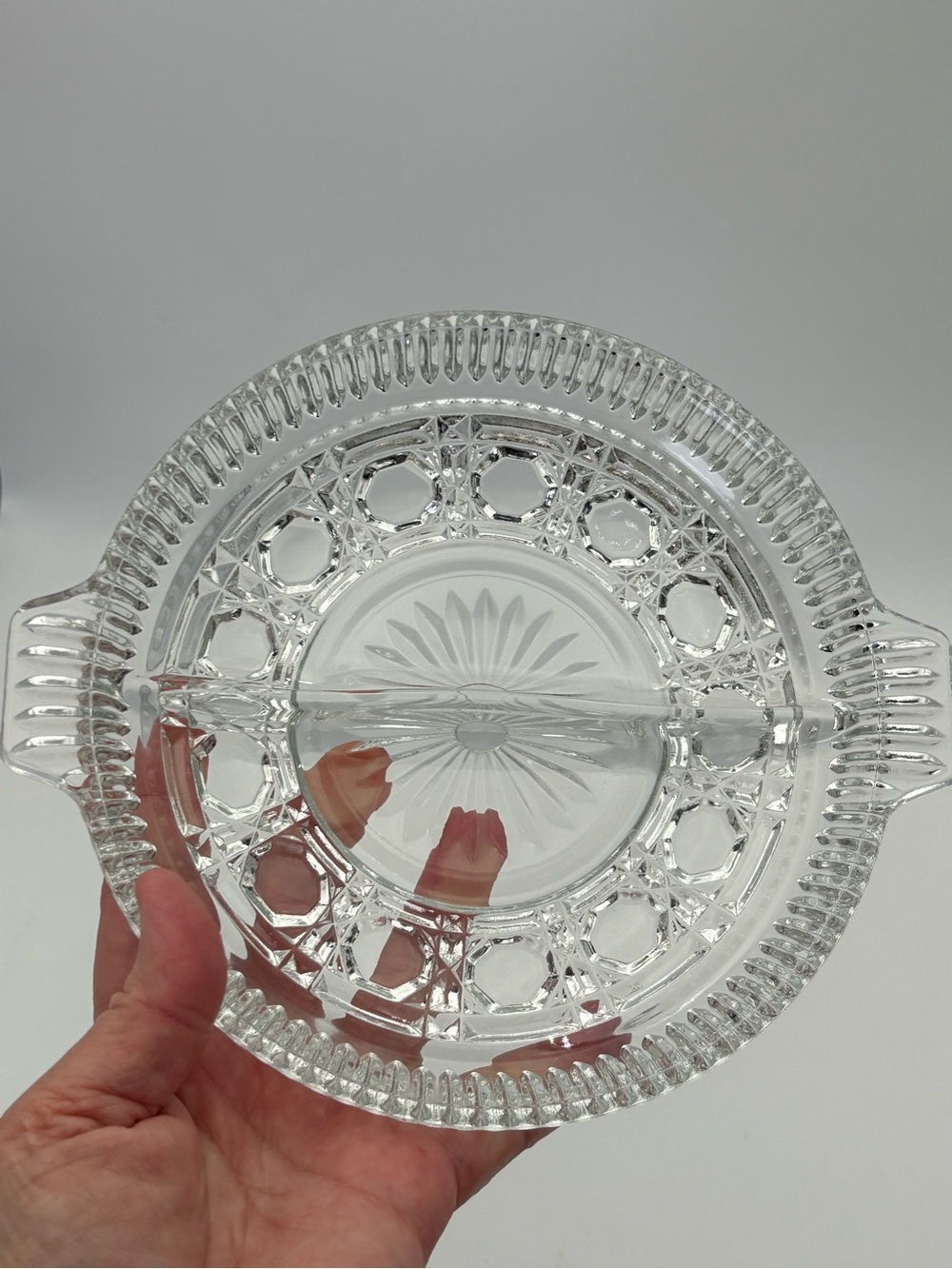 Vintage Federal Glass Windsor Pattern Divided Serving Bowl with Handle - 2 Forks